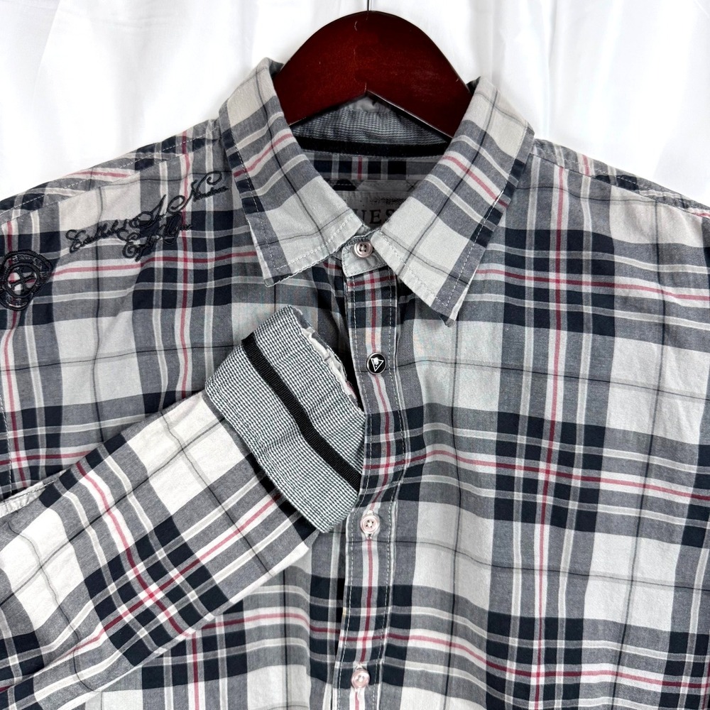 GUESS‎ Mens Plaid Button Down Shirt Embroidered Logo Graphic Print Long Sleeve
